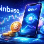 CoinbaseのBaseアプリが取引重視へ転換する様子をイメージしたビジュアル。スマートフォン画面にBaseロゴと取引チャート、仮想通貨コインが描かれている