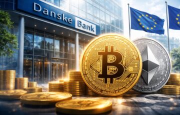 ダンスケ銀行本社を背景にビットコインとイーサリアムを象徴するコインが並ぶイメージ