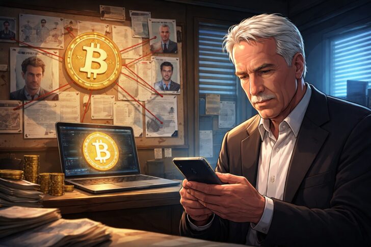 ジェフリー・エプスタインとビットコイン開発者との接点を象徴的に描いたイラスト