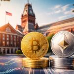 ハーバード大学の校舎を背景にビットコインとイーサリアムのコインが並ぶイメージ