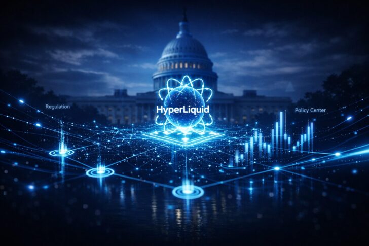 ハイパーリキッドがワシントンでDeFi政策センターを設立し米国規制に関与する構図を表現したダークトーンのイメージ