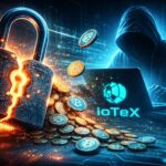 IoTeXブリッジの秘密鍵侵害をイメージしたビジュアル。破られた南京錠と流出する仮想通貨トークン、ハッカーのシルエットが描かれている。