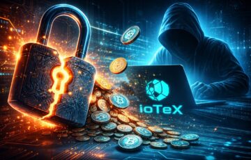 IoTeXブリッジの秘密鍵侵害をイメージしたビジュアル。破られた南京錠と流出する仮想通貨トークン、ハッカーのシルエットが描かれている。