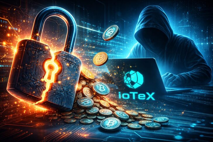 IoTeXブリッジの秘密鍵侵害をイメージしたビジュアル。破られた南京錠と流出する仮想通貨トークン、ハッカーのシルエットが描かれている。