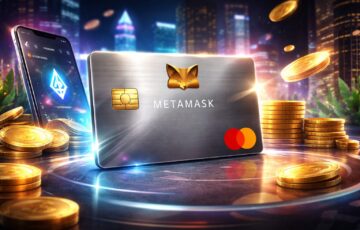 MetaMaskとMastercardの提携カードをイメージしたデジタルイラスト。仮想通貨ウォレットと連動する決済カードとオンチェーン報酬の概念を表現。