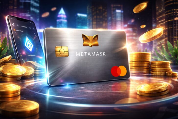 MetaMaskとMastercardの提携カードをイメージしたデジタルイラスト。仮想通貨ウォレットと連動する決済カードとオンチェーン報酬の概念を表現。