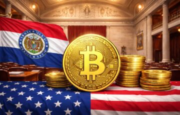 ミズーリ州議会と州旗を背景に、ビットコイン戦略準備法案を象徴するBTCコインのイラスト