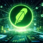 Robinhood Chainのテストネットが初週で400万件の取引を記録したことを示すイメージ。緑色のロゴとブロックチェーンネットワーク、デジタル資産の拡張を表現している。