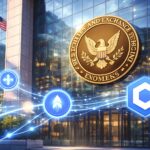 SEC本部とブロックチェーンネットワークをイメージしたイラスト