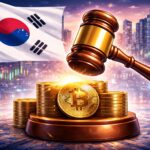 韓国国旗を背景に、仮想通貨を象徴するコインと法槌が描かれたイラスト。韓国の仮想通貨インフルエンサー規制を表現。