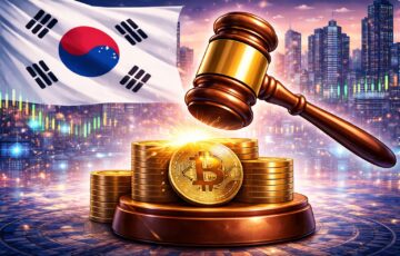 韓国国旗を背景に、仮想通貨を象徴するコインと法槌が描かれたイラスト。韓国の仮想通貨インフルエンサー規制を表現。