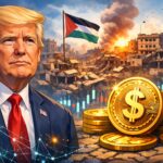 トランプ大統領とガザの街並みを背景に、ドル連動ステーブルコイン構想を象徴するデジタルコインのイラスト