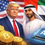 トランプ一家と関係する仮想通貨企業ワールド・リバティ・ファイナンシャルへのUAE高官による出資を象徴したイラスト
