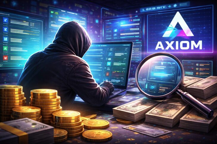 Axiomの内部情報利用疑惑とPolymarketでの巨額利益をイメージしたデジタルイラスト。ウォレット追跡や仮想通貨取引の調査を象徴するビジュアル。
