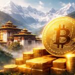 ヒマラヤ山脈を背景にブータンの寺院とビットコインの金貨が描かれたイメージ。国家のビットコイン保有と資金移動を象徴するビジュアル。