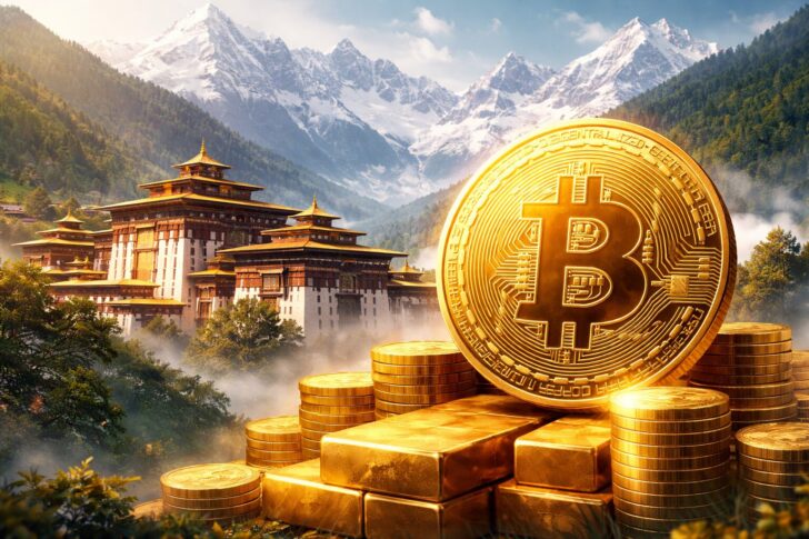 ヒマラヤ山脈を背景にブータンの寺院とビットコインの金貨が描かれたイメージ。国家のビットコイン保有と資金移動を象徴するビジュアル。