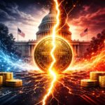 米議会を背景に中央銀行デジタル通貨を象徴するデジタルコインが分断構図で描かれたイラスト