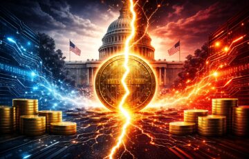 米議会を背景に中央銀行デジタル通貨を象徴するデジタルコインが分断構図で描かれたイラスト