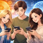 スマートフォンを見つめる若者とAIや仮想通貨を象徴する背景イラスト。Z世代の投資判断に対する豪州規制当局の警告を表現。
