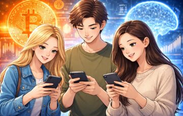 スマートフォンを見つめる若者とAIや仮想通貨を象徴する背景イラスト。Z世代の投資判断に対する豪州規制当局の警告を表現。