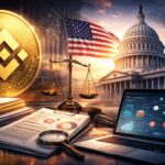 バイナンスのロゴと米議会議事堂を背景に、制裁監視やコンプライアンスを象徴する天秤と書類、分析画面が描かれたイメージ