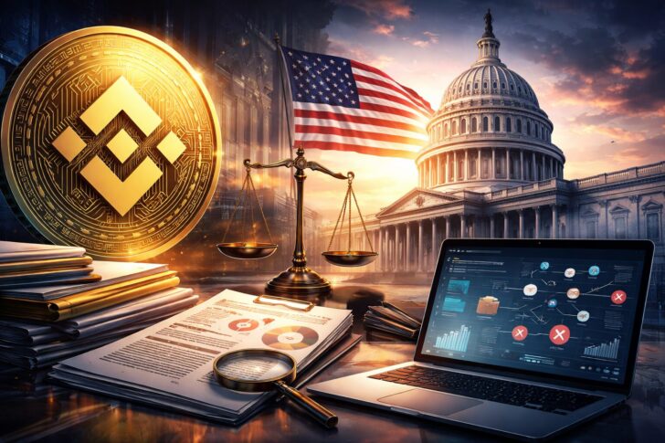 バイナンスのロゴと米議会議事堂を背景に、制裁監視やコンプライアンスを象徴する天秤と書類、分析画面が描かれたイメージ