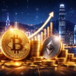 香港の都市を背景にビットコインとイーサリアムが描かれ、Boyaaによる仮想通貨投資拡大と資産成長を表現したイメージ