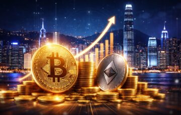 香港の都市を背景にビットコインとイーサリアムが描かれ、Boyaaによる仮想通貨投資拡大と資産成長を表現したイメージ