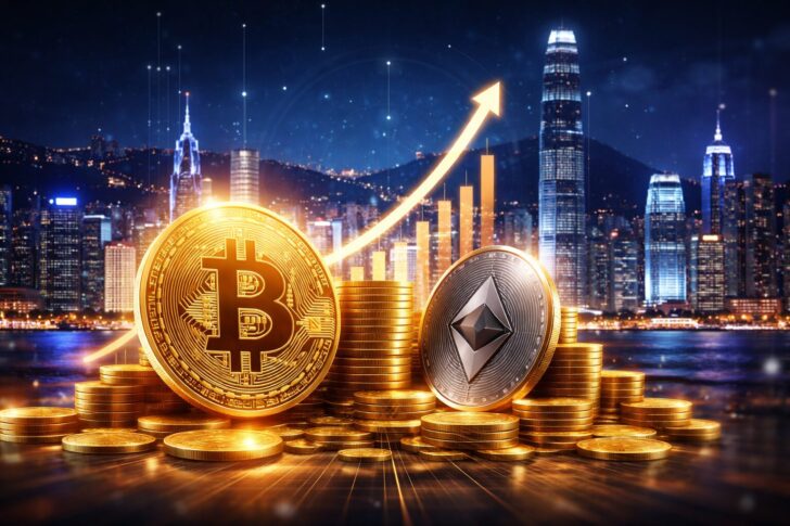 香港の都市を背景にビットコインとイーサリアムが描かれ、Boyaaによる仮想通貨投資拡大と資産成長を表現したイメージ