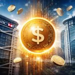 HSBCとスタンダードチャータード銀行のビルを背景に、香港ドル連動ステーブルコインを象徴するデジタルコインが描かれたイメージ