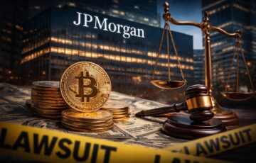 JPモルガン本社ビルとビットコイン、ドル紙幣、法廷を象徴する天秤と木槌を組み合わせた、3億2800万ドル規模の仮想通貨ポンジ事件に関する集団訴訟を示すイメージ