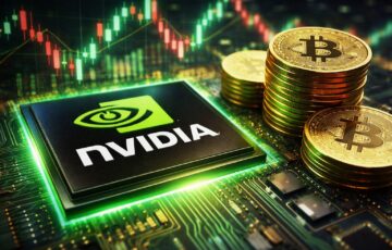 NVIDIAのチップとビットコインを背景に、仮想通貨マイニングと株価の関係を示唆するイメージ