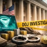 米司法省によるトルネードキャッシュ事件の再審請求を象徴するイメージ。裁判所の建物を背景に、トルネードキャッシュのロゴが表示されたノートパソコンと仮想通貨コイン、手錠が配置されている。