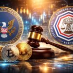 SECとCFTCによる仮想通貨規制ガイダンスをイメージしたビジュアル。ビットコインと法的判断を象徴するガベルが配置されている