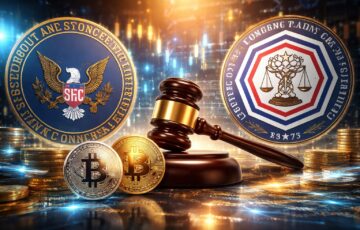 SECとCFTCによる仮想通貨規制ガイダンスをイメージしたビジュアル。ビットコインと法的判断を象徴するガベルが配置されている