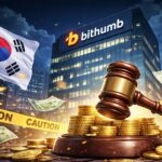 韓国当局によるBithumbへのAML違反制裁を象徴するイラスト。裁判用ハンマーとコイン、韓国国旗、取引所ビルを背景に描写。