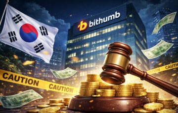 韓国当局によるBithumbへのAML違反制裁を象徴するイラスト。裁判用ハンマーとコイン、韓国国旗、取引所ビルを背景に描写。