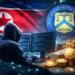 北朝鮮の国旗と米国財務省の紋章を背景に、パソコンを操作する人物と仮想通貨や現金が描かれた制裁イメージ