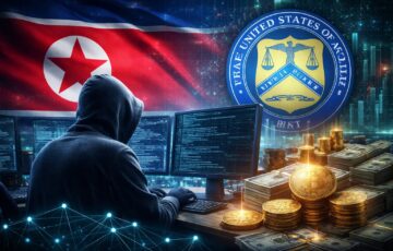 北朝鮮の国旗と米国財務省の紋章を背景に、パソコンを操作する人物と仮想通貨や現金が描かれた制裁イメージ