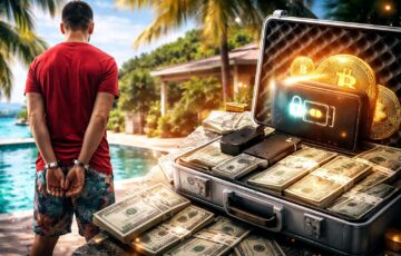 米連邦保安官局の押収仮想通貨を巡る不正流用事件を象徴する、手錠をかけられた人物と現金やデジタルウォレットのイメージ