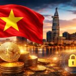 ベトナムの国旗と都市風景、ビットコインとロックアイコンで仮想通貨規制強化を表現したビジュアル