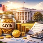 ホワイトハウスと401k資産、ビットコインを象徴するコインが並ぶイメージ