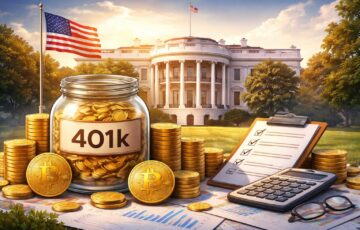 ホワイトハウスと401k資産、ビットコインを象徴するコインが並ぶイメージ