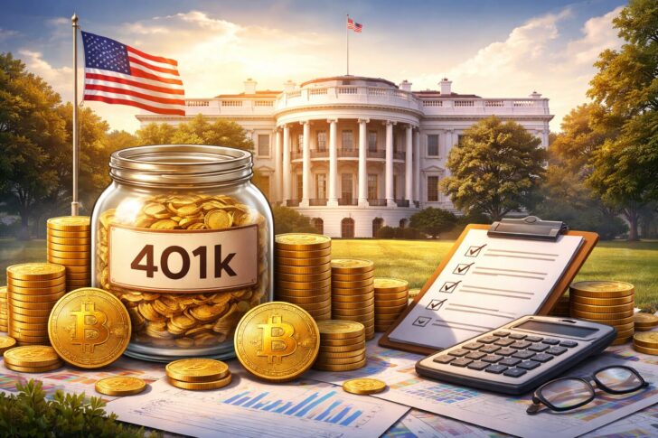 ホワイトハウスと401k資産、ビットコインを象徴するコインが並ぶイメージ