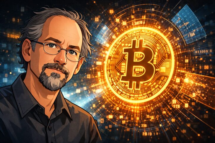 アダム・バック氏とビットコインを象徴するイラスト、サトシ・ナカモト調査を表現
