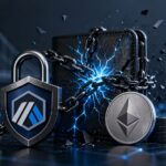 Arbitrumロゴとイーサリアムコイン、チェーンでロックされたウォレットが描かれたハッキング対策イメージ