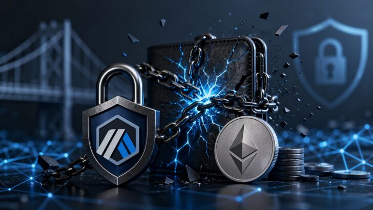 Arbitrumロゴとイーサリアムコイン、チェーンでロックされたウォレットが描かれたハッキング対策イメージ