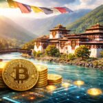 ブータンの寺院風景とビットコインを組み合わせたイメージ、国家によるビットコイン移動と保有減少を表現