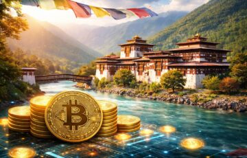 ブータンの寺院風景とビットコインを組み合わせたイメージ、国家によるビットコイン移動と保有減少を表現