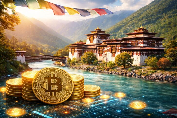 ブータンの寺院風景とビットコインを組み合わせたイメージ、国家によるビットコイン移動と保有減少を表現